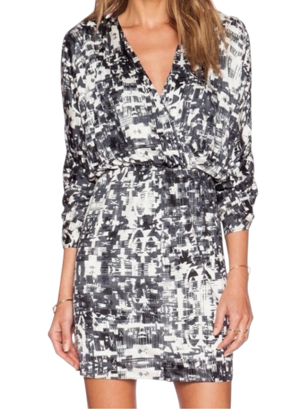 Parker Catalina Black/White Gazette Print Faux Wrap Mini Dress (XS)